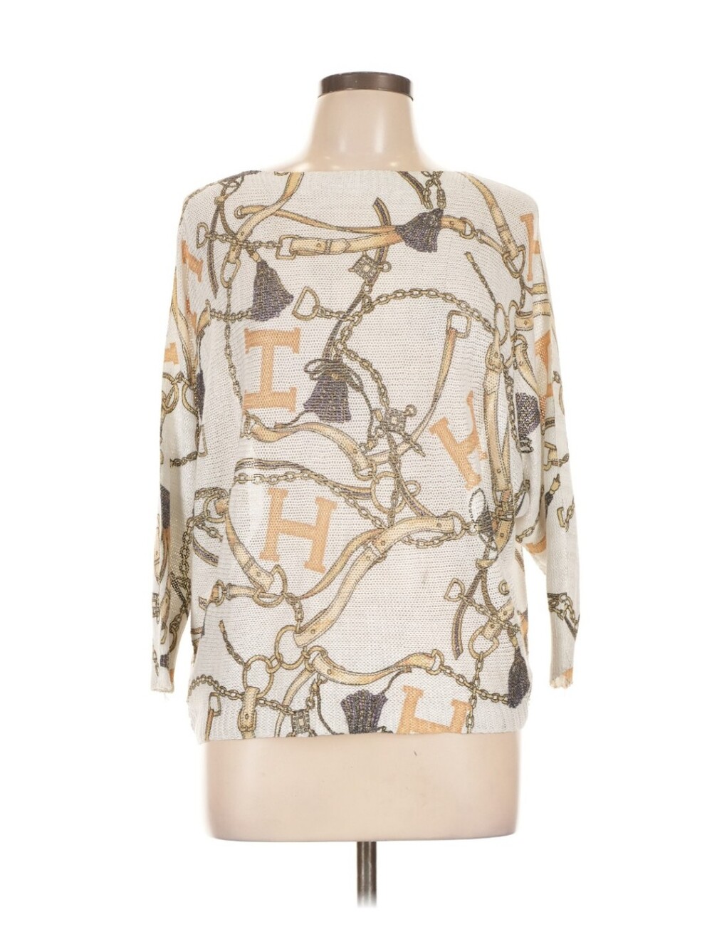 Free for Humanity sweater cream knit material, brown and gold equestrian chain